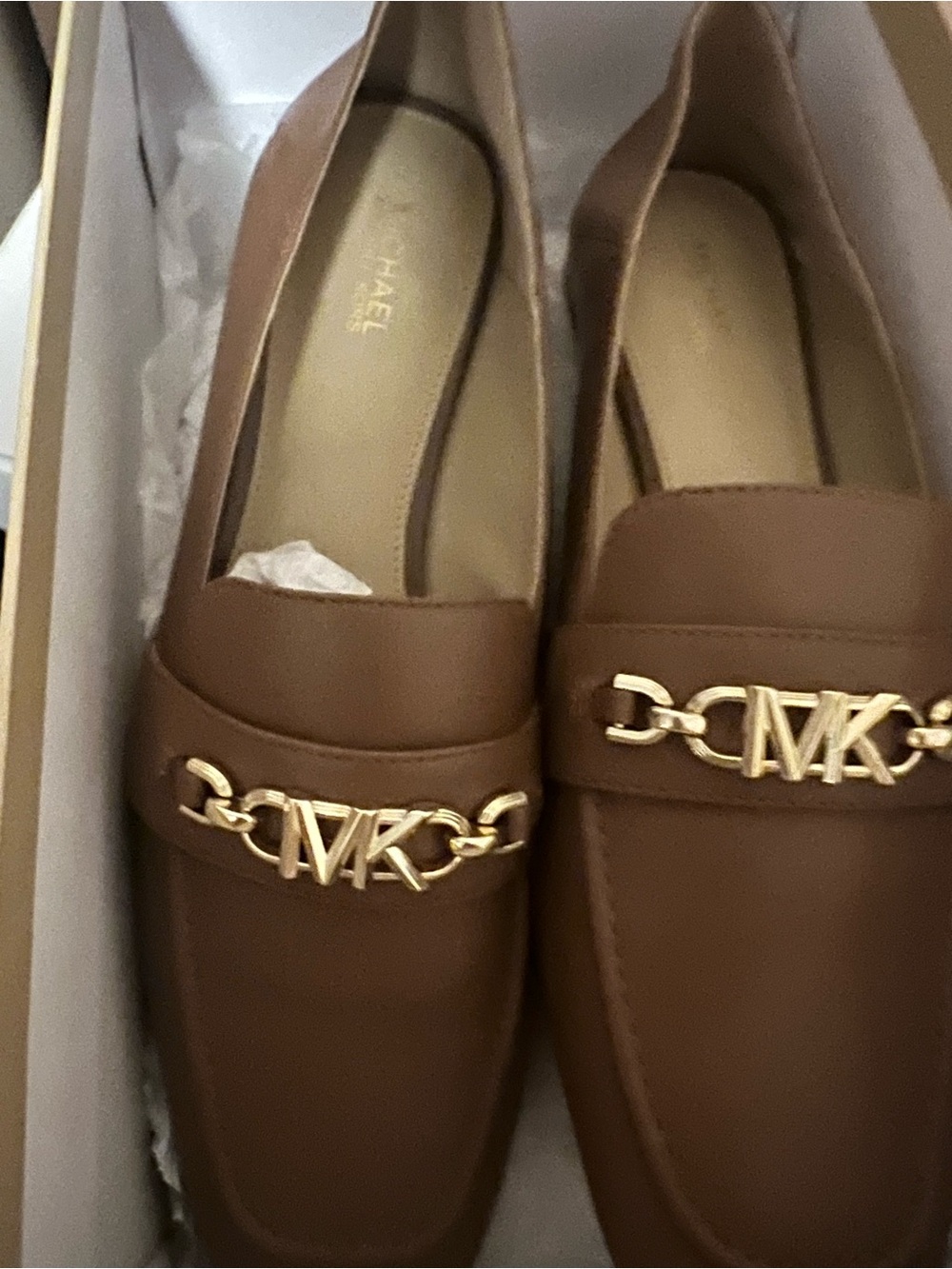 Michael Kors Brown Leather MK-Logo Chain Slip-On Loafers